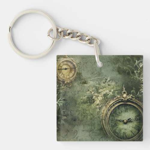 Emerald Green Rustic Steampunk Clock 7 Keychain