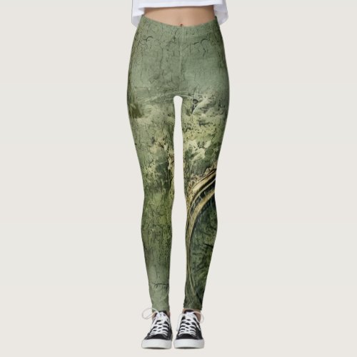 Emerald Green Rustic Steampunk Clock 7 Leggings