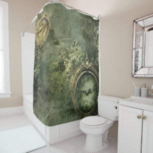 Emerald Green Rustic Steampunk Clock (7) Shower Curtain