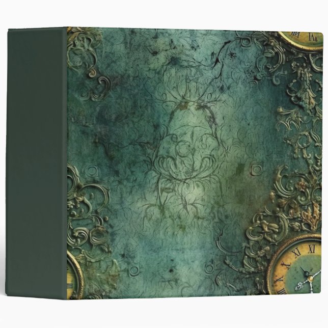Emerald Green Rustic Steampunk Clock (8) 3 Ring Binder (Front/Spine)