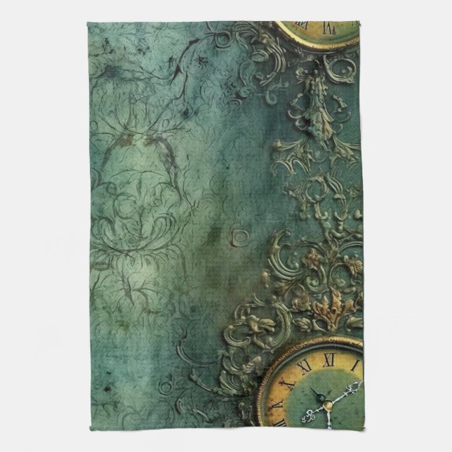Emerald Green Rustic Steampunk Clock (8) Kitchen Towel (Vertical)