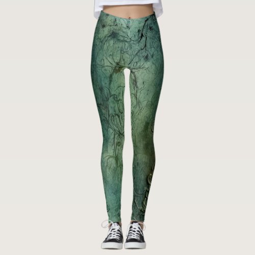 Emerald Green Rustic Steampunk Clock 8 Leggings