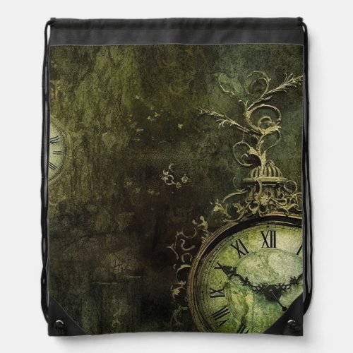 Emerald Green Rustic Steampunk Clock 9 Drawstring Bag