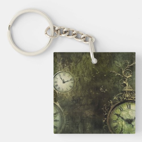 Emerald Green Rustic Steampunk Clock 9 Keychain