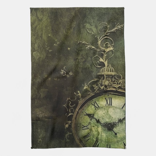 Emerald Green Rustic Steampunk Clock (9) Kitchen Towel (Vertical)