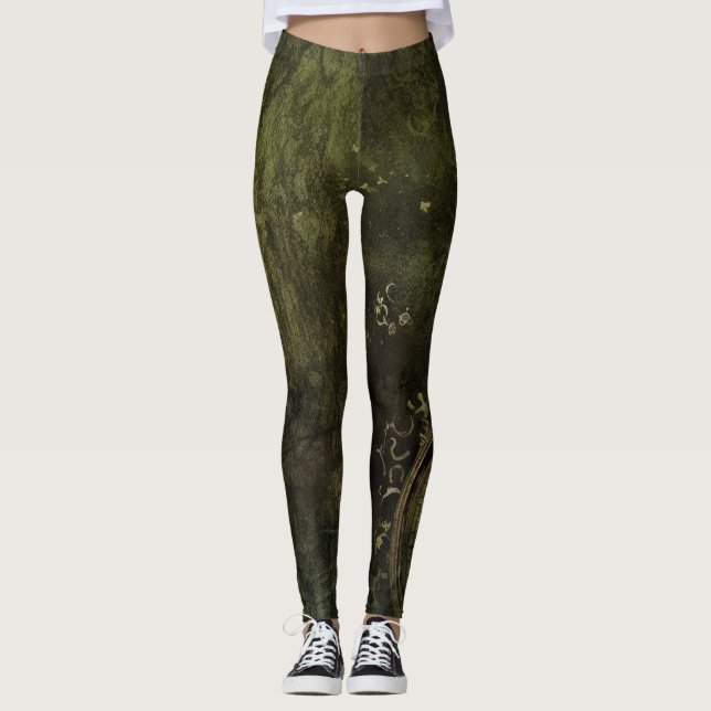 Emerald Green Rustic Steampunk Clock (9) Leggings (Front)