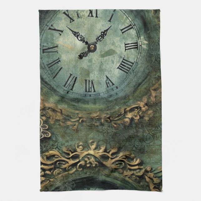 Emerald Green Rustic Steampunk Clock Kitchen Towel (Vertical)