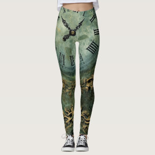 Emerald Green Rustic Steampunk Clock Leggings