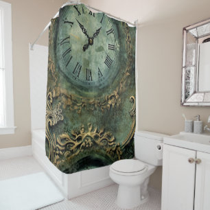 Emerald Green Rustic Steampunk Clock Shower Curtain
