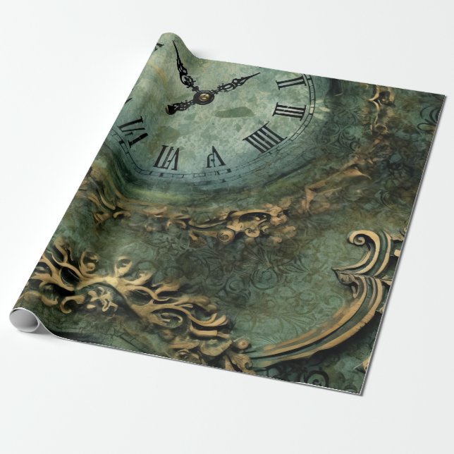 Emerald Green Rustic Steampunk Clock Wrapping Paper (Unrolled)
