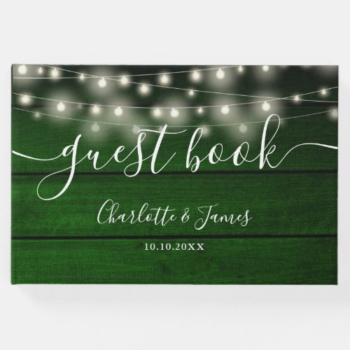 Emerald Green Rustic Wood String Lights Wedding Guest Book