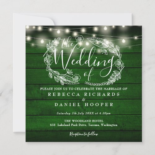 Emerald Green Rustic Wood String Lights Wedding Invitation