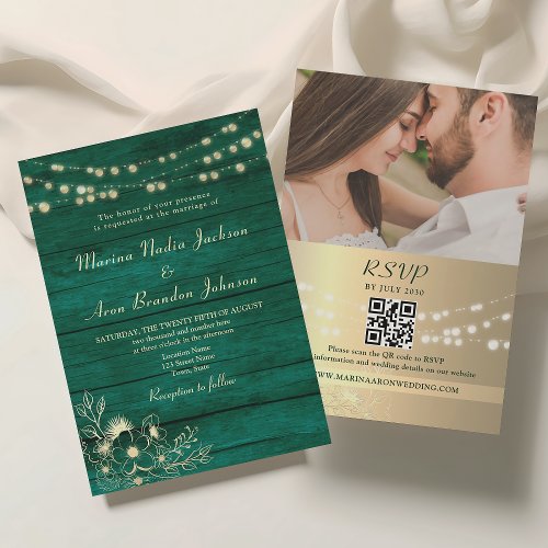 Emerald Green Rustic Wood Wedding QR Code Invitation