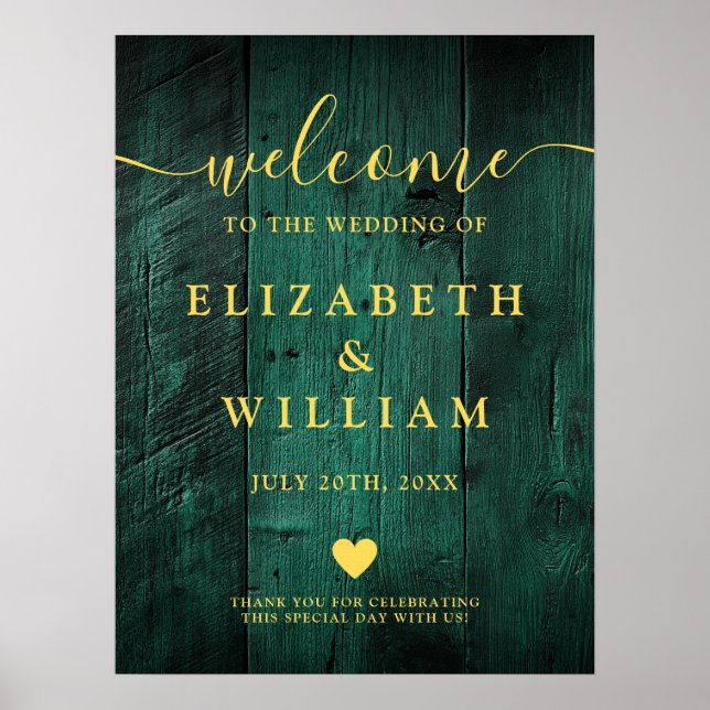 Emerald Green Rustic Wood Wedding Welcome Sign (Front)