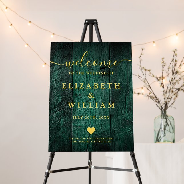 Emerald Green Rustic Wood Wedding Welcome Sign (In Situ (Stand))