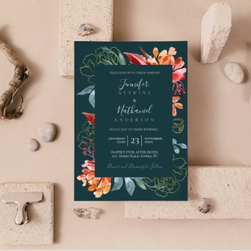 Emerald Green Rusty Orange Floral Wedding Invitation