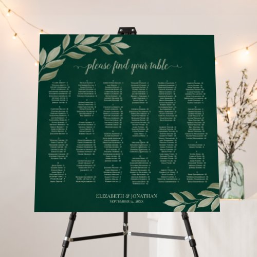 Emerald Green Sage Leaves Alphabetic Seating Chart Foam Board