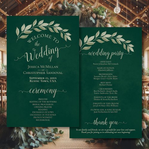 Emerald Green  Sage Leaves Budget Wedding Program