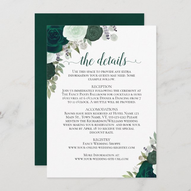 Emerald Green & Sage Roses Rustic Wedding Details Enclosure Card (Front/Back)