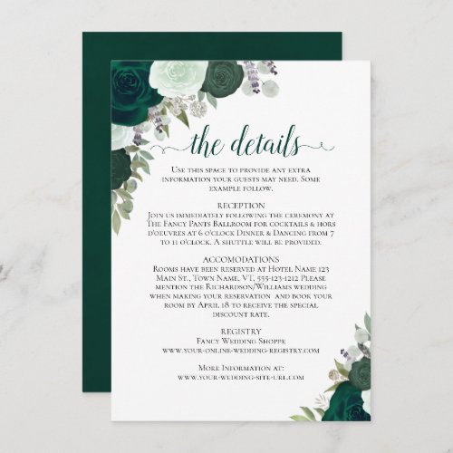 Emerald Green  Sage Roses Rustic Wedding Details Enclosure Card