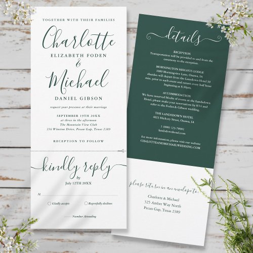 Emerald Green Script All In One Wedding Invitation