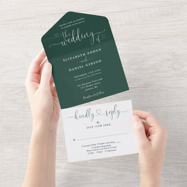 Emerald Green Script Hearts Minimalist Wedding All In One Invitation (Tearaway)