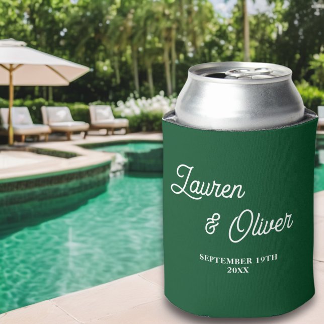 Emerald Green Script Minimalist Wedding Can Cooler (Creator Uploaded)