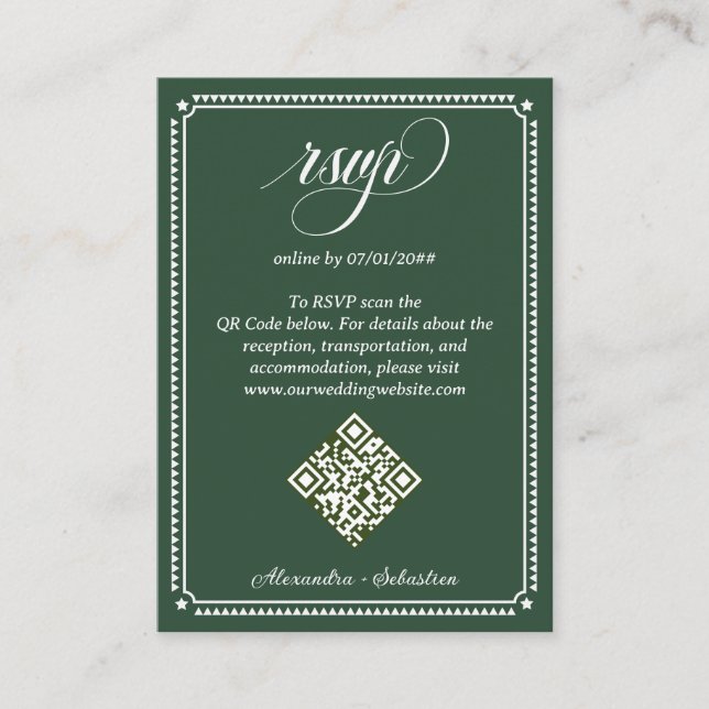 Emerald Green Script Online RSVP QR Code Wedding Enclosure Card (Front)