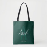 Emerald Green Script Personalized Bridesmaid Name Tote Bag<br><div class="desc">Modern Minimalist Personalized Monogram and Name Gifts This design features personalized bridesmaid's name in white modern handwriting script font style and monogram in light emerald green modern sans serif font style as background, with wedding details in white modern sans serif font style, on emerald green background. Also perfect for maid...</div>