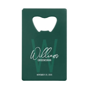 Emerald Green Script Personalized Groomsman's Name Credit Card Bottle Opener