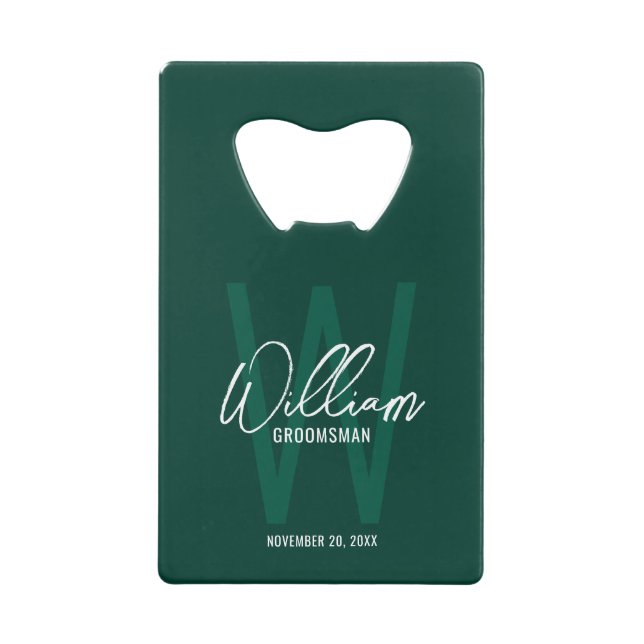 Emerald Green Script Personalized Groomsman's Name Credit Card Bottle Opener (Front)