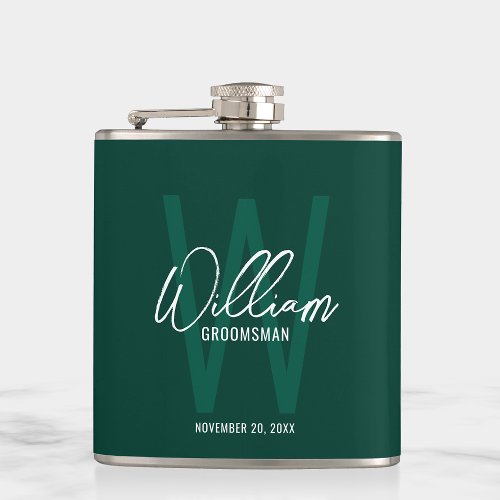 Emerald Green Script Personalized Groomsmans Name Flask