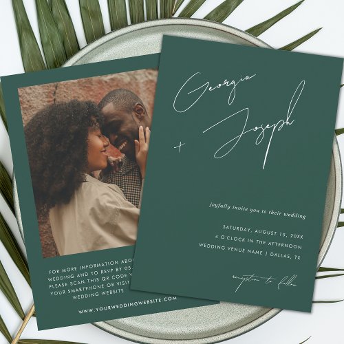 Emerald Green  Script Photo QR Code Wedding Invitation