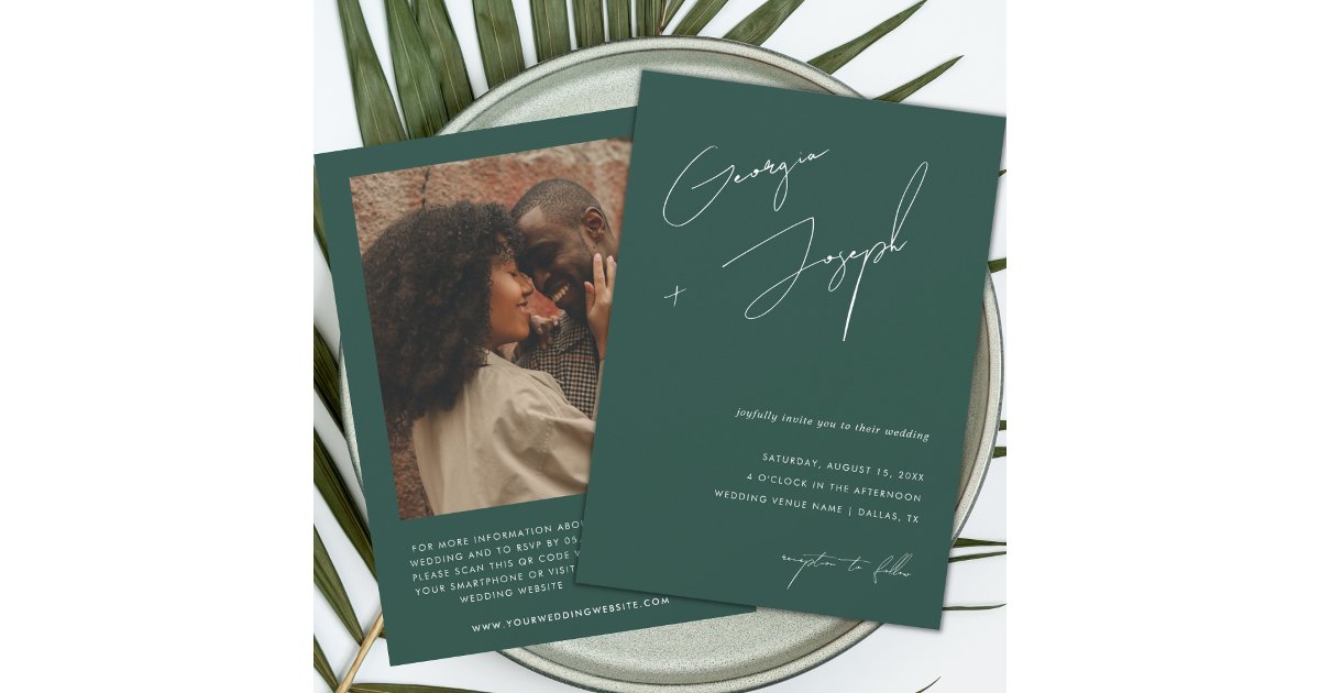 Emerald Green | Script Photo QR Code Wedding Invitation | Zazzle