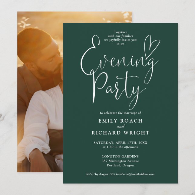  Emerald Green Script Photo Wedding Evening Party Invitation (Front/Back)