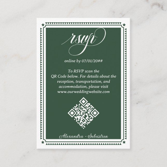 Emerald Green Script RSVP Online QR Code Wedding Enclosure Card (Front)