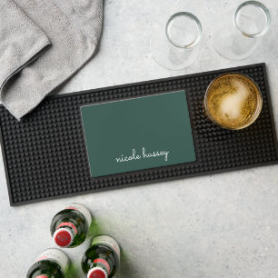 Emerald Green Script   Stylish Monogram Modern Bar Mat