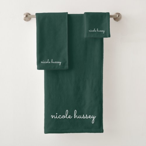Emerald Green Script   Stylish Monogram Modern Bath Towel Set