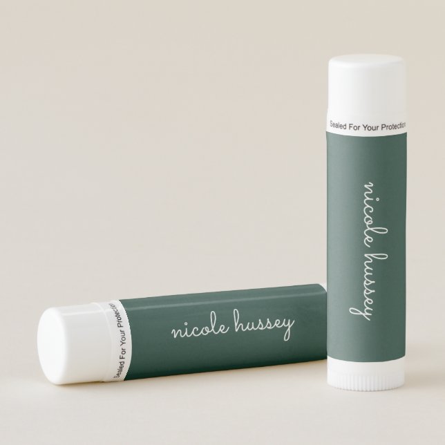 Emerald Green Script  | Stylish Monogram Modern Lip Balm (Front)