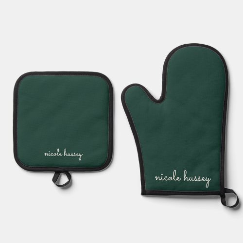 Emerald Green Script  Stylish Monogram Modern Oven Mitt  Pot Holder Set