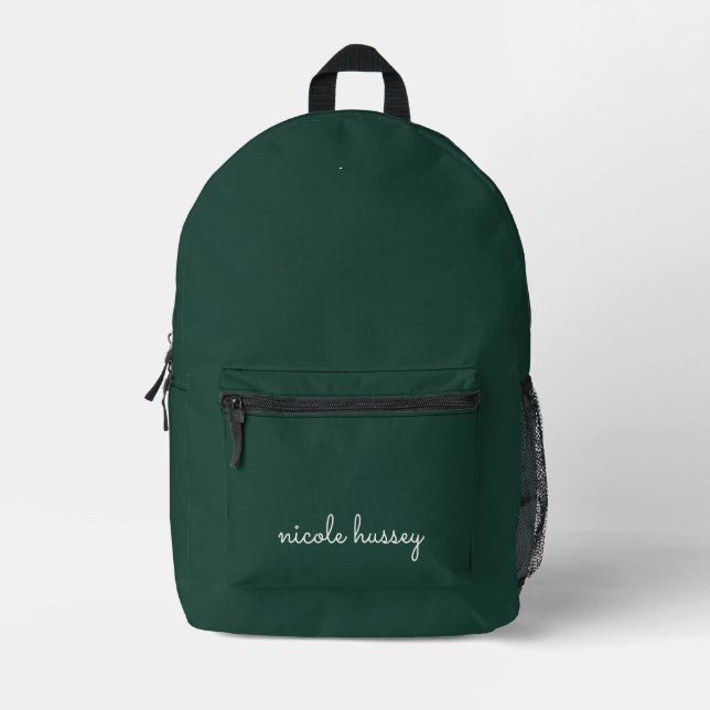 Emerald Green Script  | Stylish Monogram Modern Printed Backpack (Front)