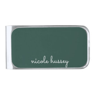 Emerald Green Script Stylish Monogram Modern Silver Finish Money Clip
