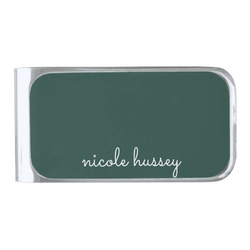 Emerald Green Script  Stylish Monogram Modern Silver Finish Money Clip