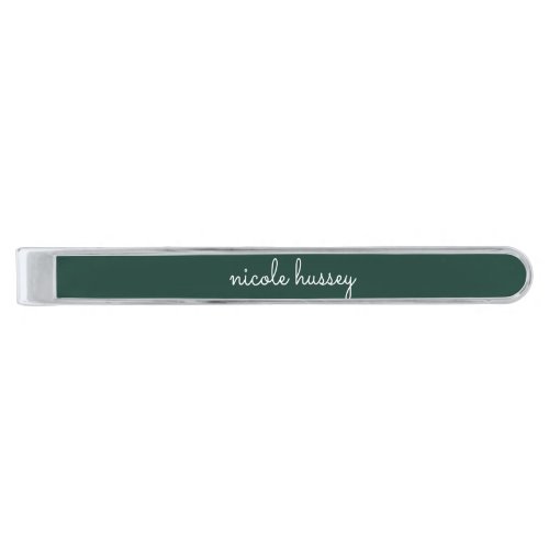 Emerald Green Script  Stylish Monogram Modern Silver Finish Tie Bar