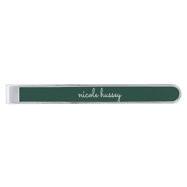 Emerald Green Script | Stylish Monogram Modern Silver Finish Tie Bar (Front)