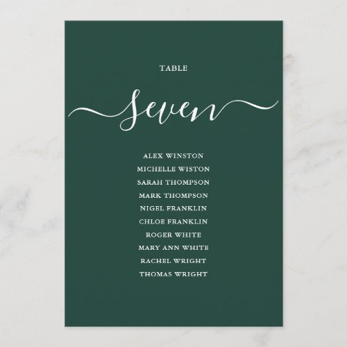 Emerald Green Script Table Number Seating Chart