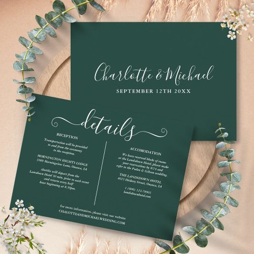 Emerald Green Script Wedding Details Information Enclosure Card