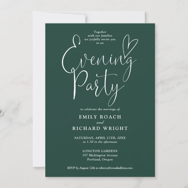  Emerald Green Script Wedding Evening Party Invitation (Front)