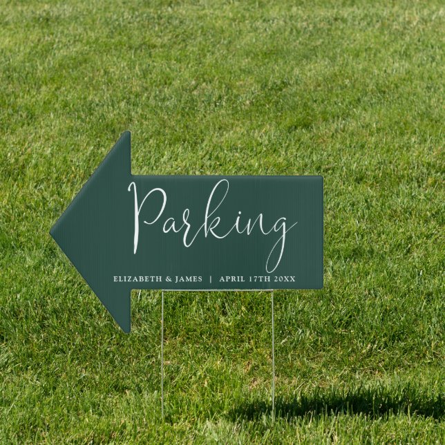 Emerald Green Script Wedding Parking This Way Sign (Insitu)