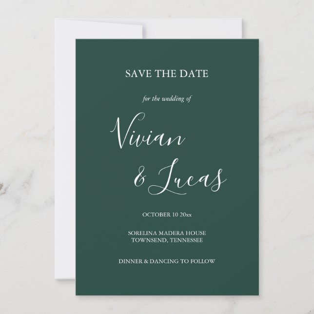 Emerald Green Script Wedding Save the Date (Front)
